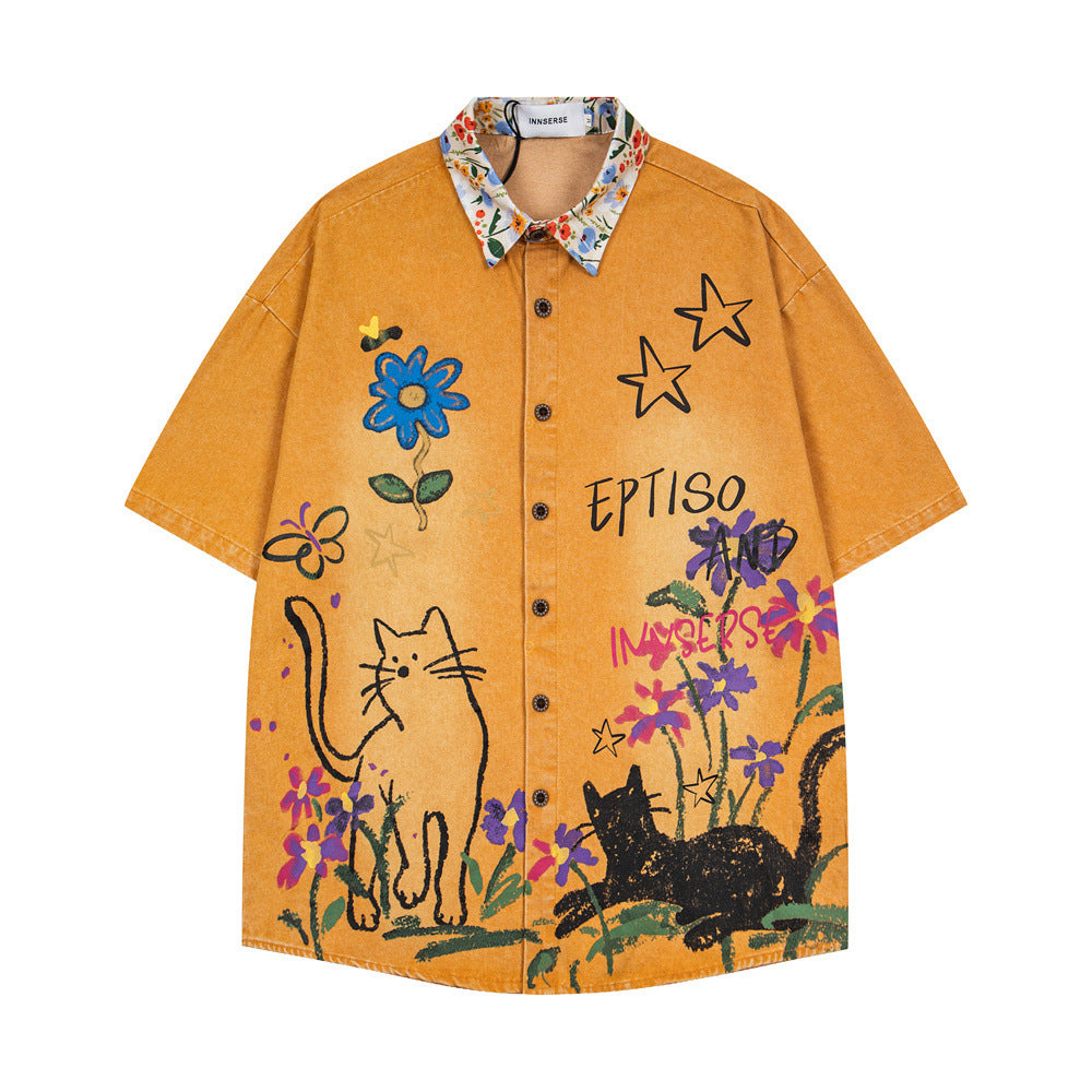 Graffiti cartoon printed denim short sleeved shirt