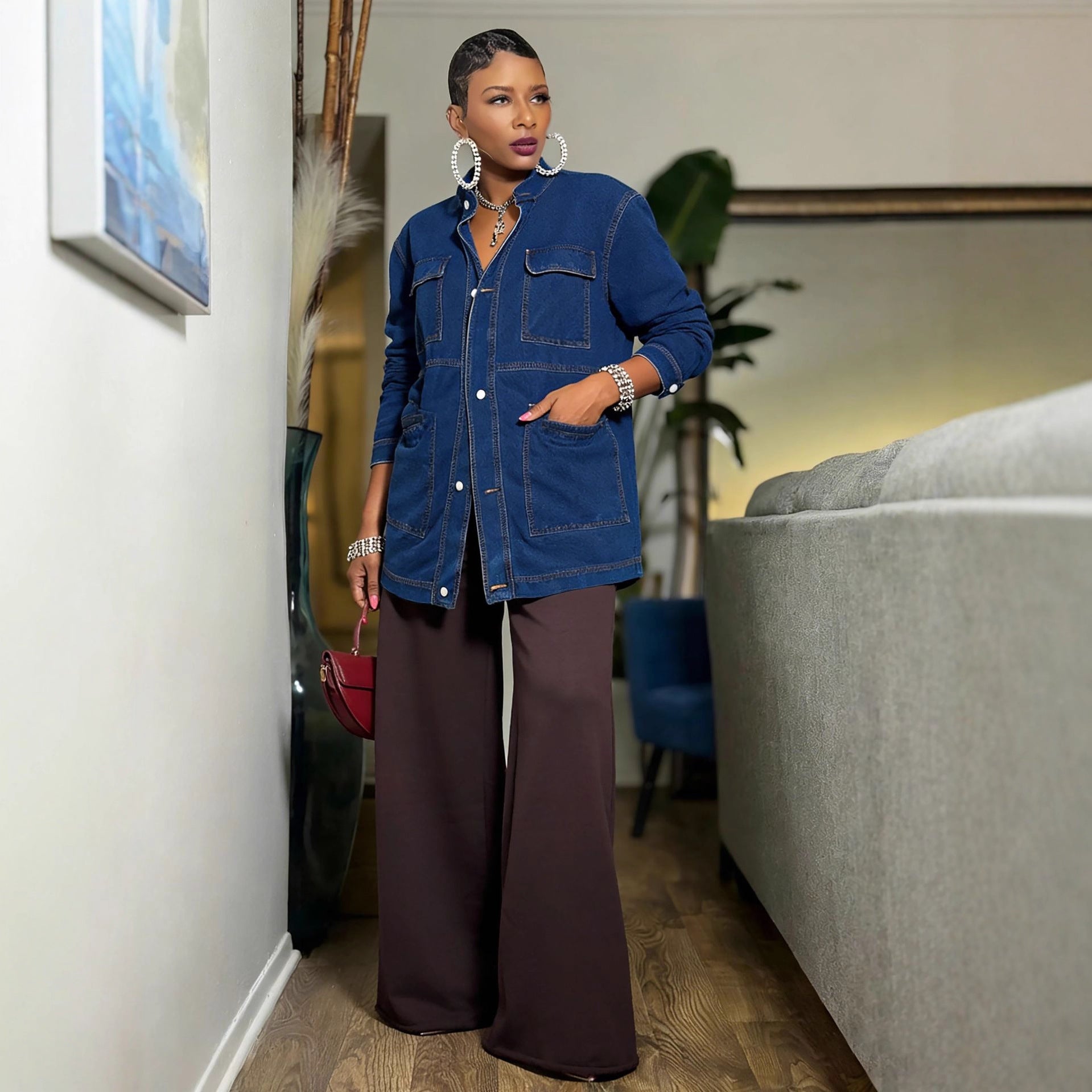 Oversize Mid-Length Cargo Denim Jacket