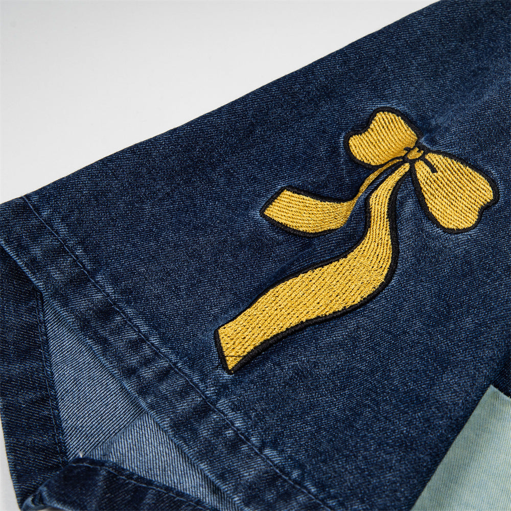Fun cartoon embroidered denim short sleeved shirt