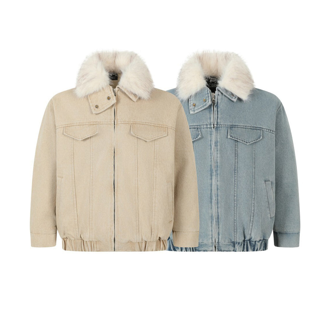 Wool collar denim cotton jacket