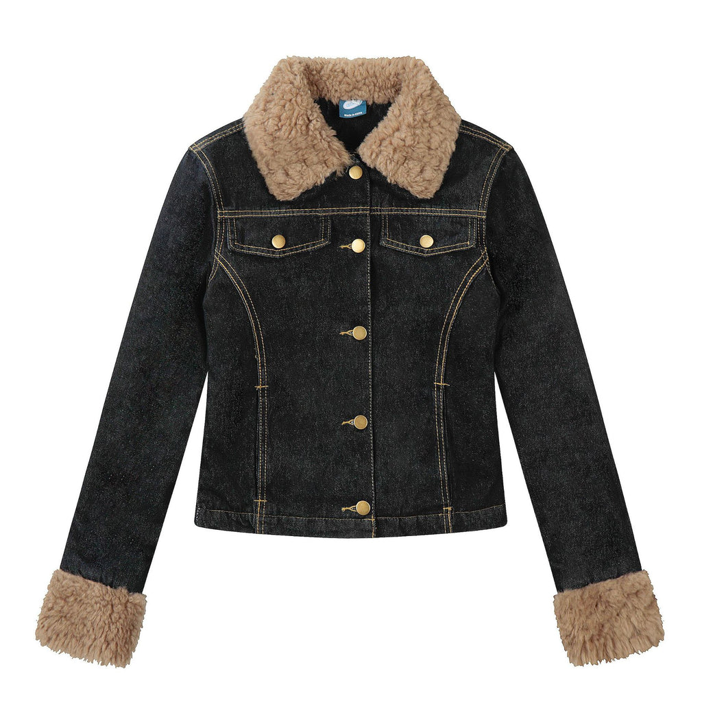 Retro lamb fleece patchwork denim jacket for women