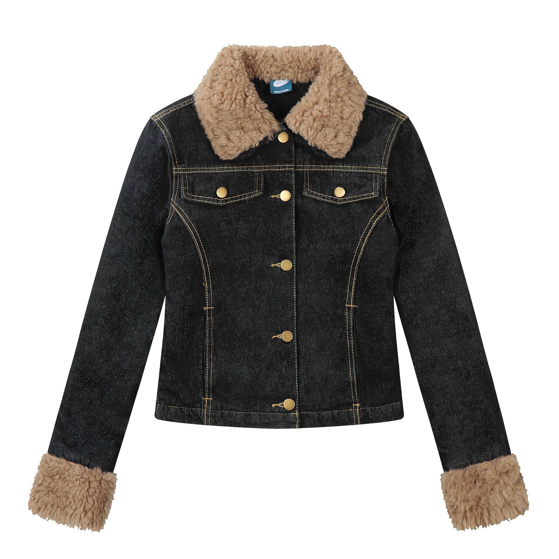 Retro lamb fleece patchwork denim jacket for women
