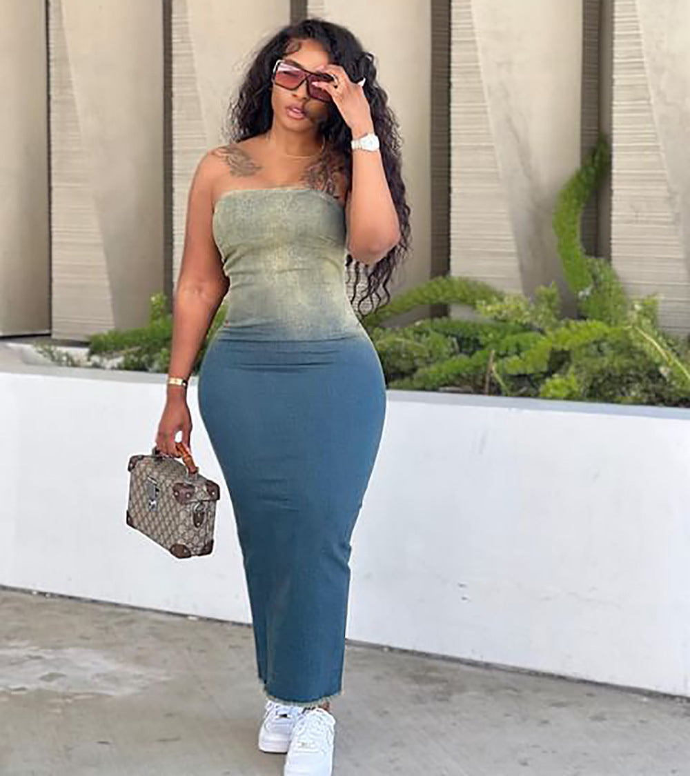 Gradient Strapless Cut-out Bodycon Denim Dress
