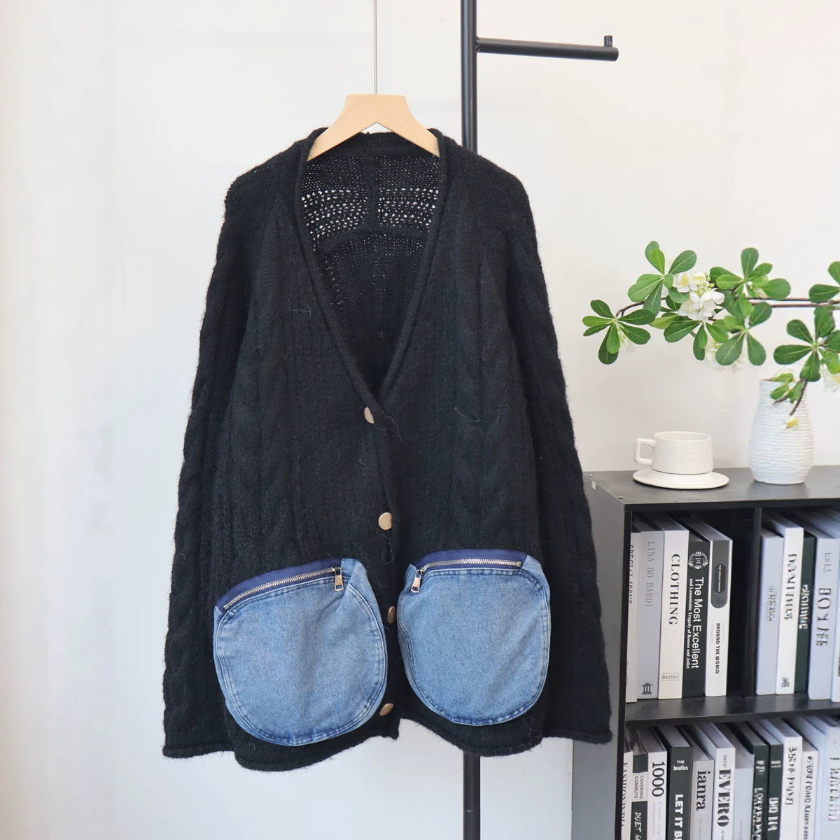 Splicing denim pocket sweater