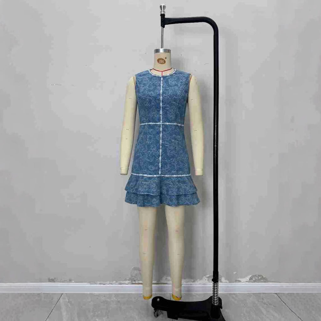 Sleeveless blue white printed denim blue dress