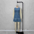 Sleeveless blue white printed denim blue dress