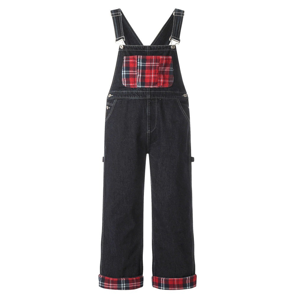 Color blocking checkered denim overalls