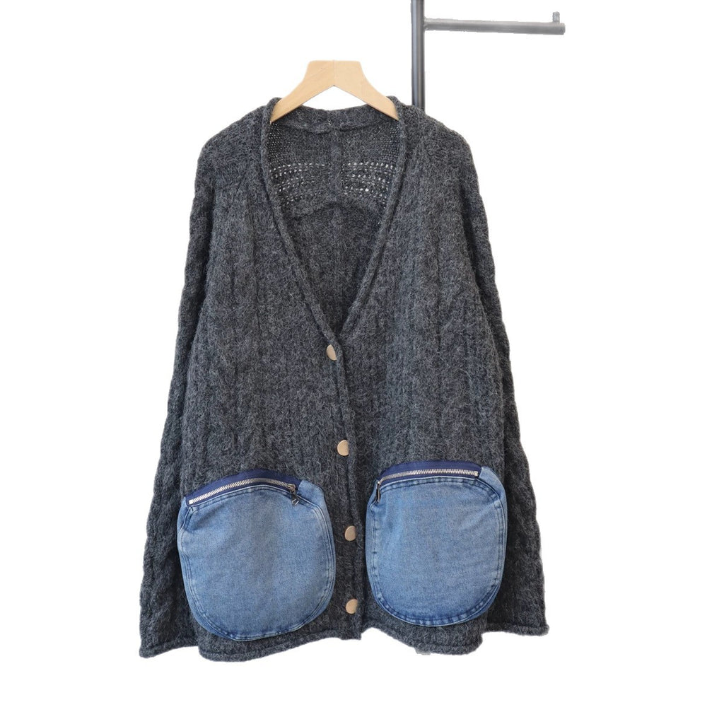 Splicing denim pocket sweater