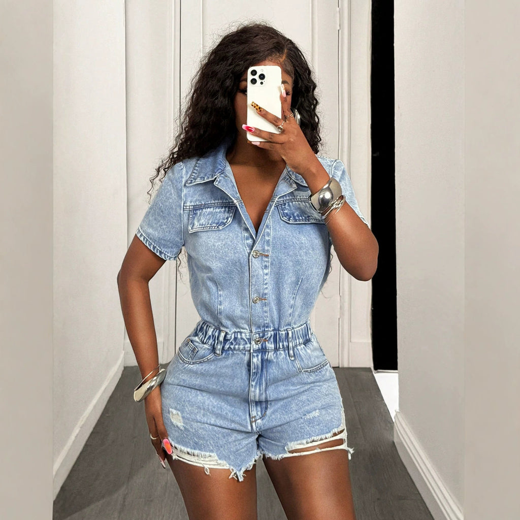 Short sleeved collar denim jumpsuit