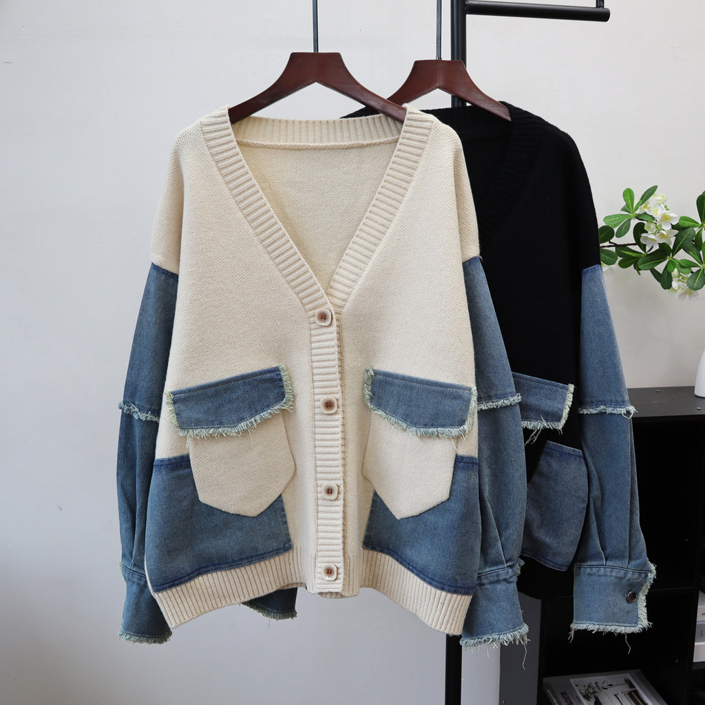 Splicing denim cardigan sweater