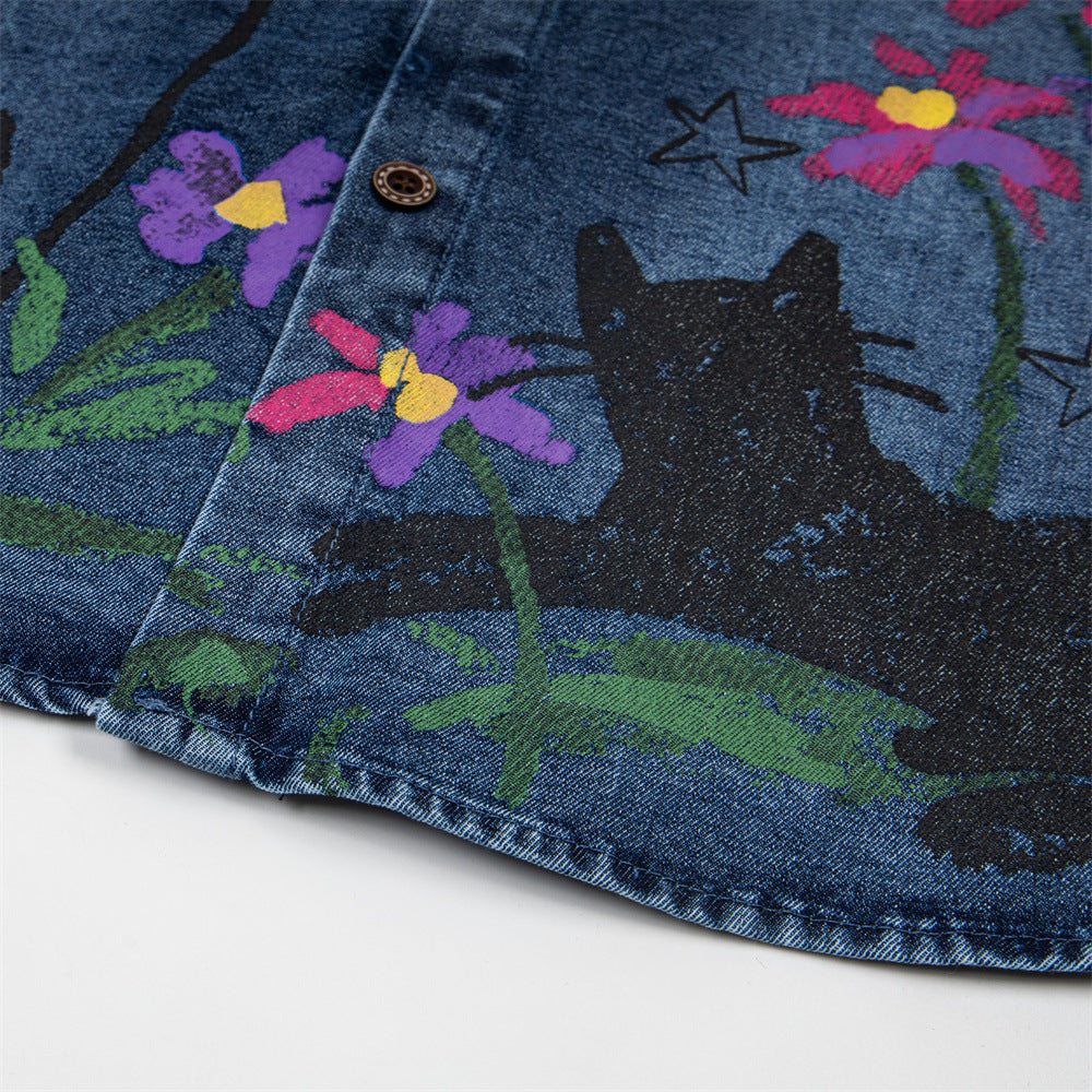 Graffiti cartoon printed denim short sleeved shirt