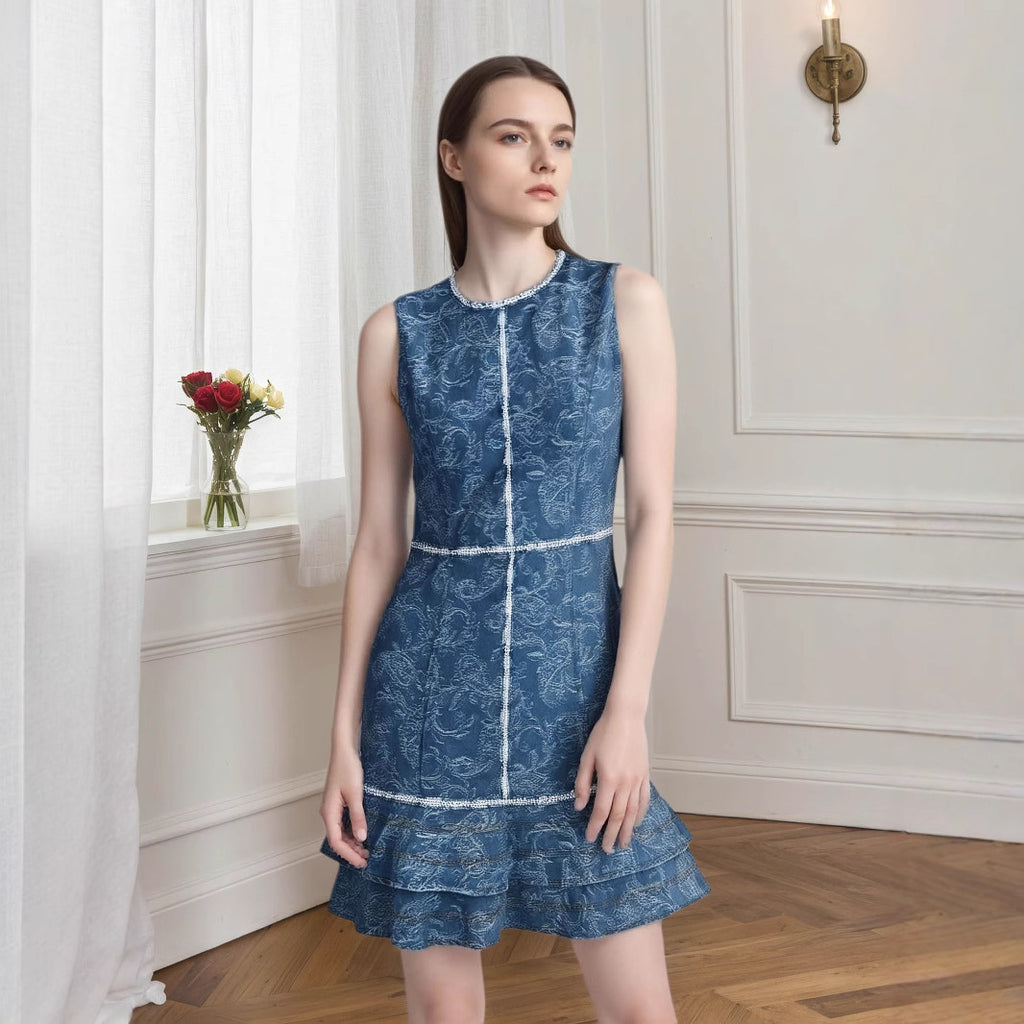 Sleeveless blue white printed denim blue dress