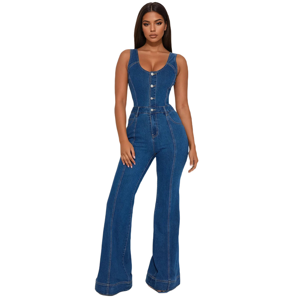 Strap denim jumpsuit flared pants