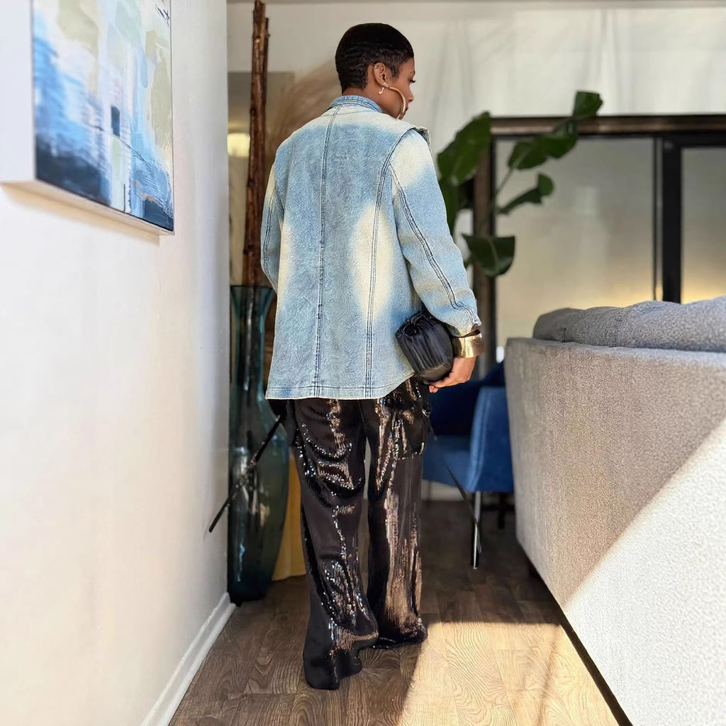 Vintage Distressed Washed Denim Blazer Jacket Coat