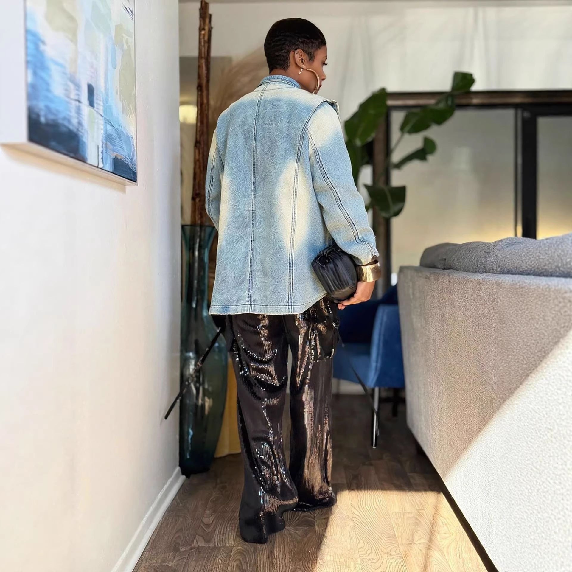 Vintage Distressed Washed Denim Blazer Jacket Coat