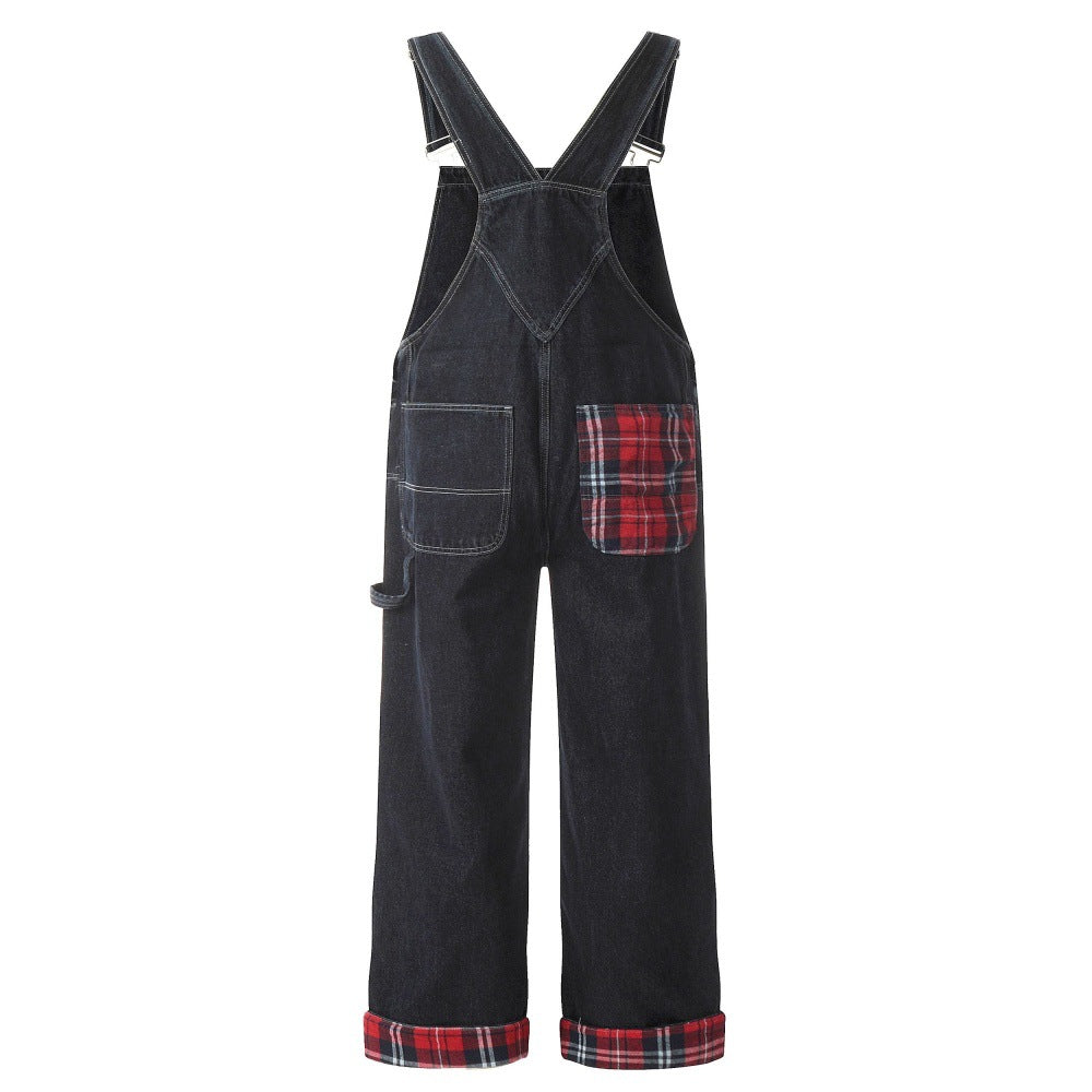 Color blocking checkered denim overalls