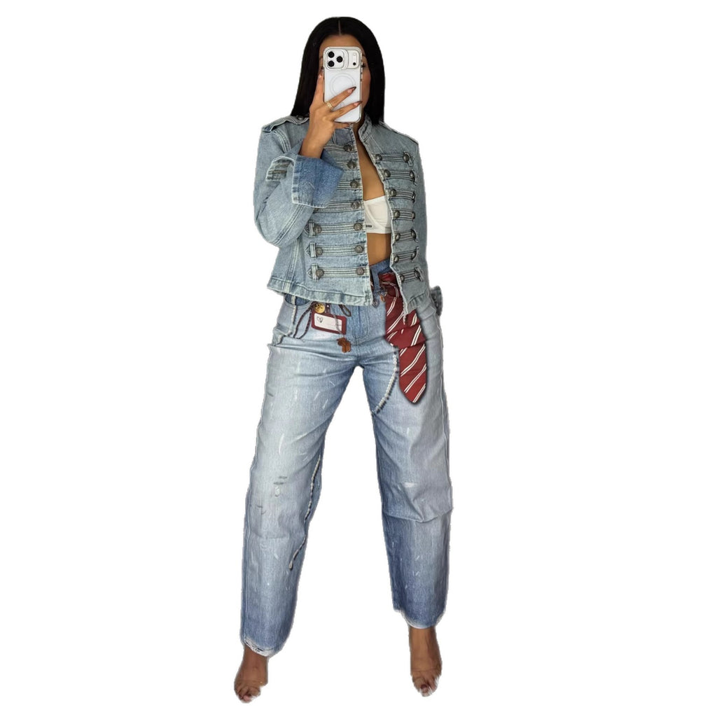 Street Style Tie Badge Print Dagger Jeans