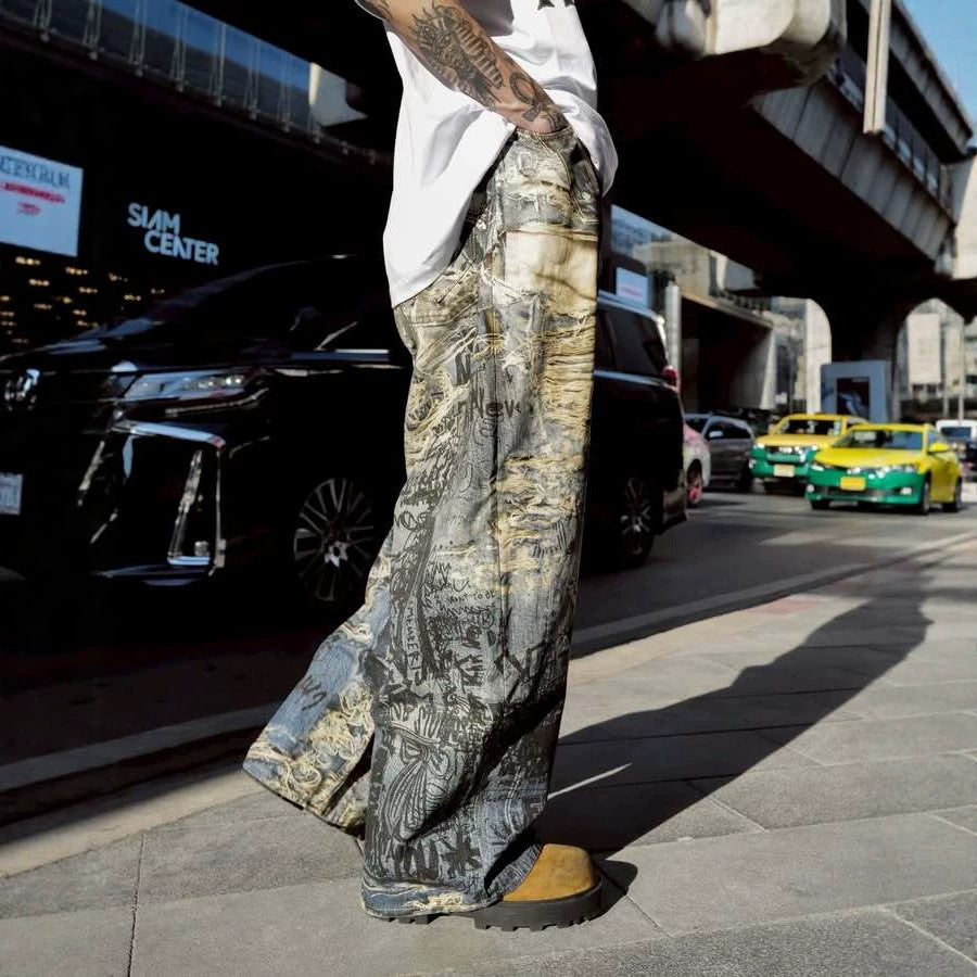 Streetwear Graffiti Distressed 3D Print Straight Leg Jeans for Men