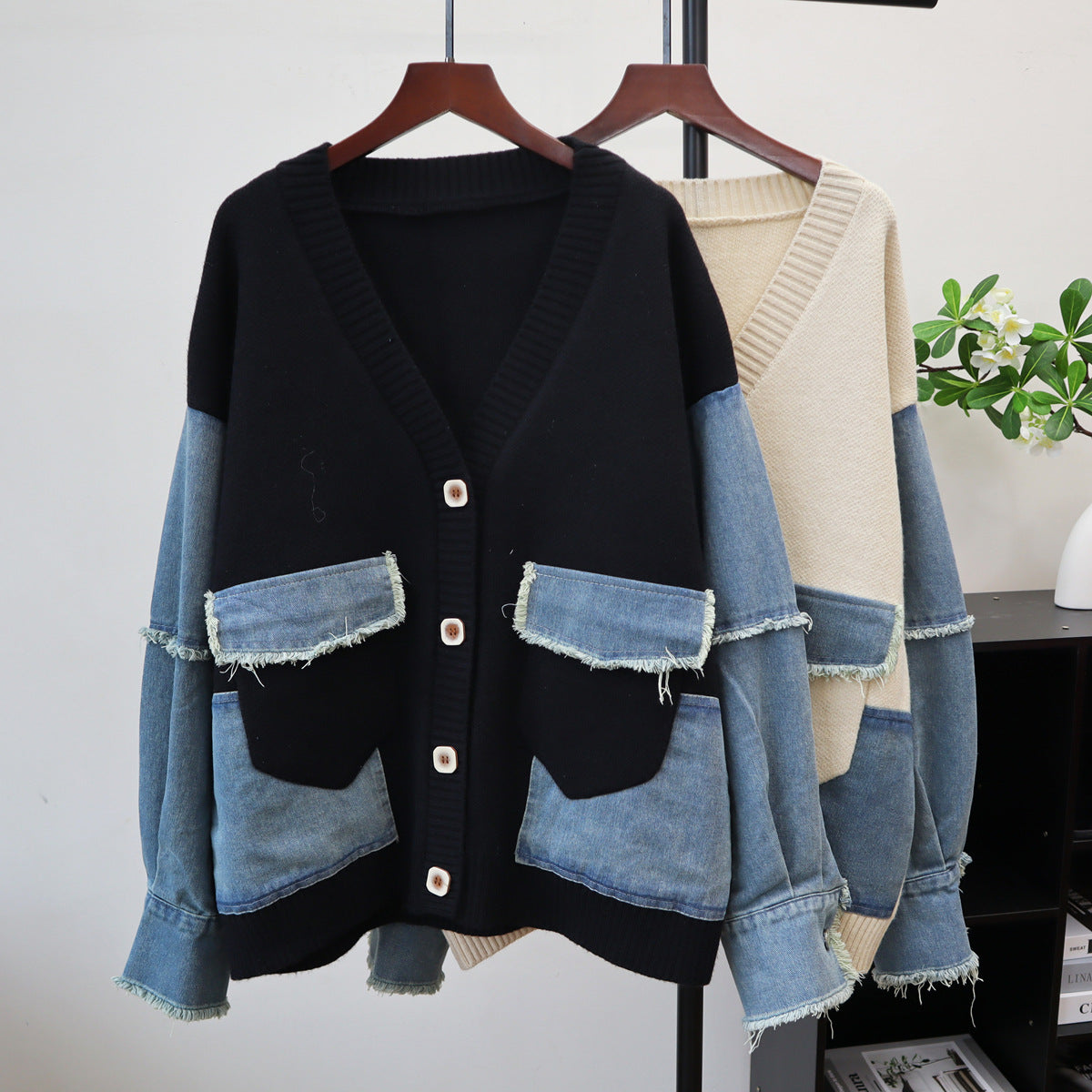 Splicing denim cardigan sweater