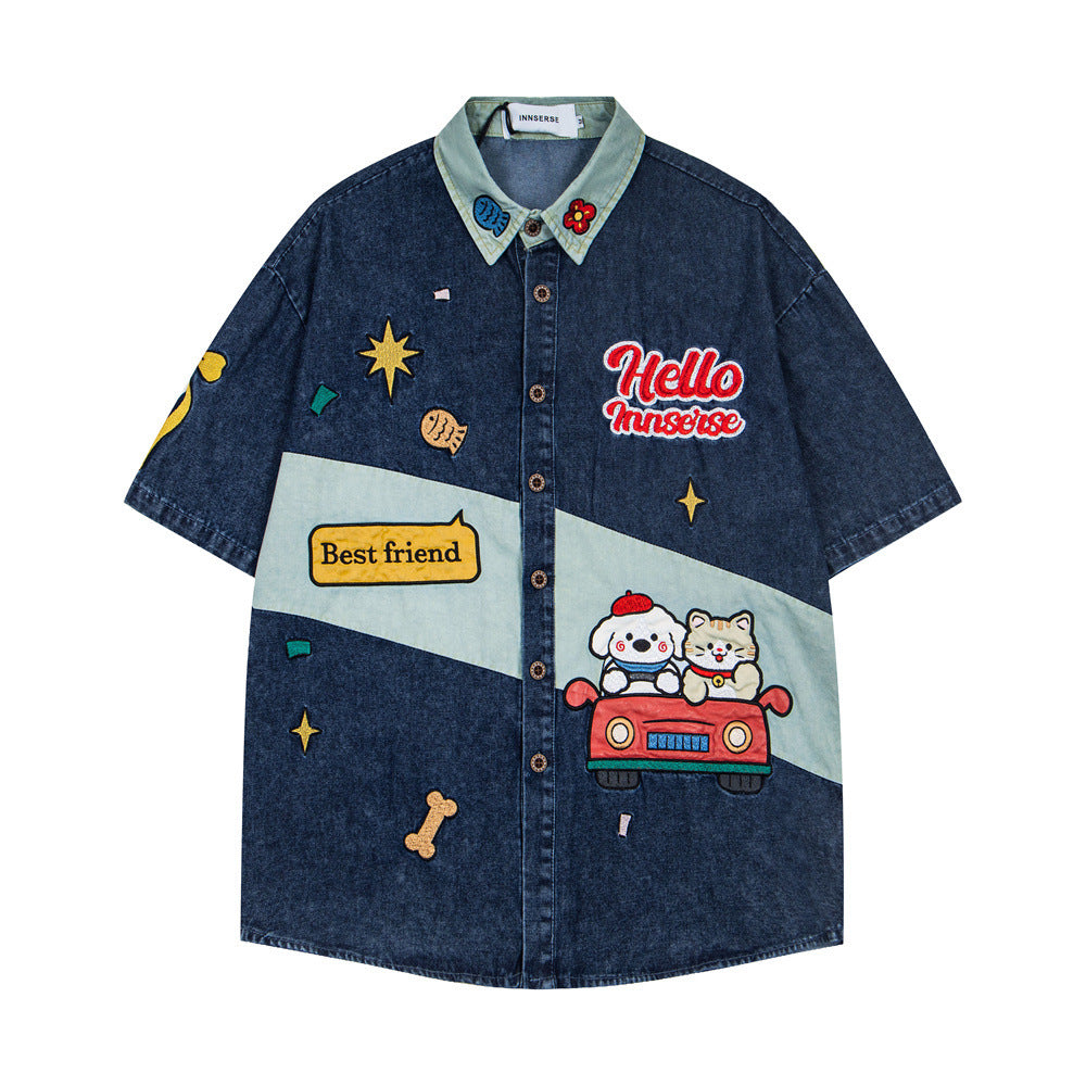 Fun cartoon embroidered denim short sleeved shirt