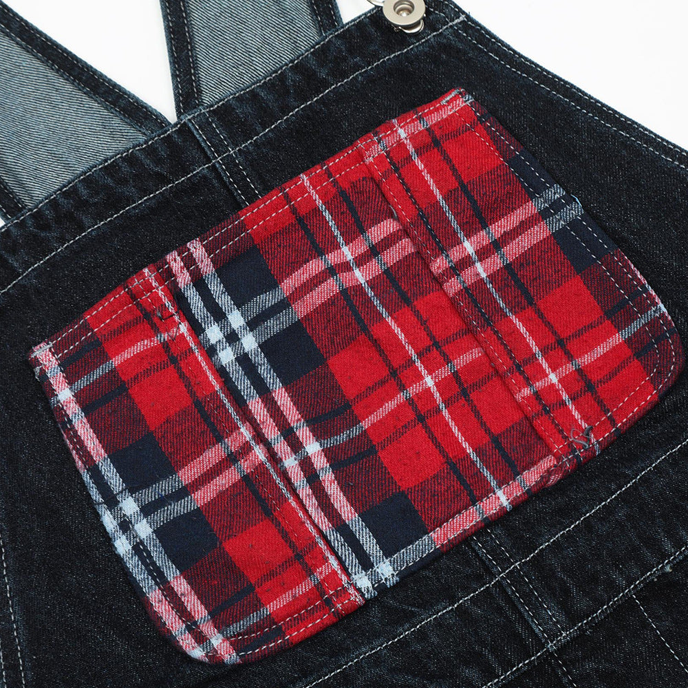 Color blocking checkered denim overalls