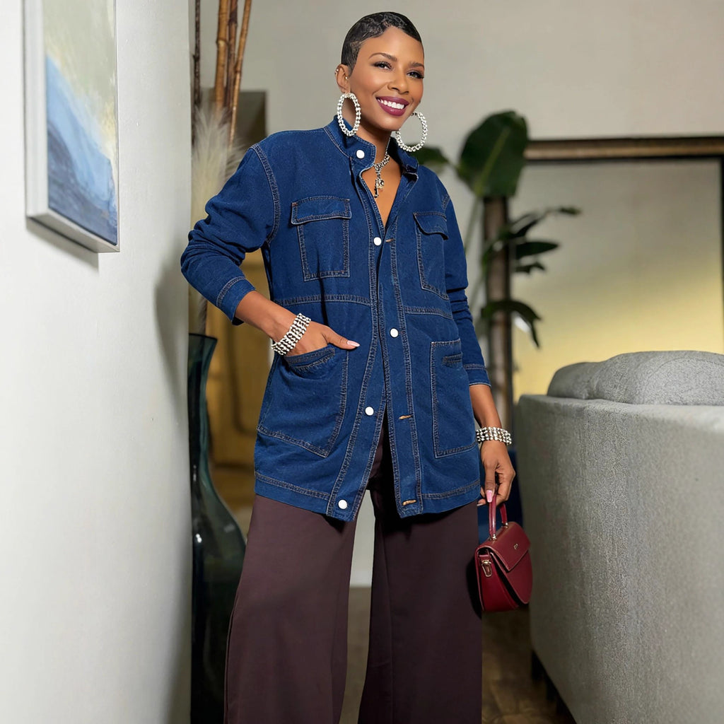 Oversize Mid-Length Cargo Denim Jacket