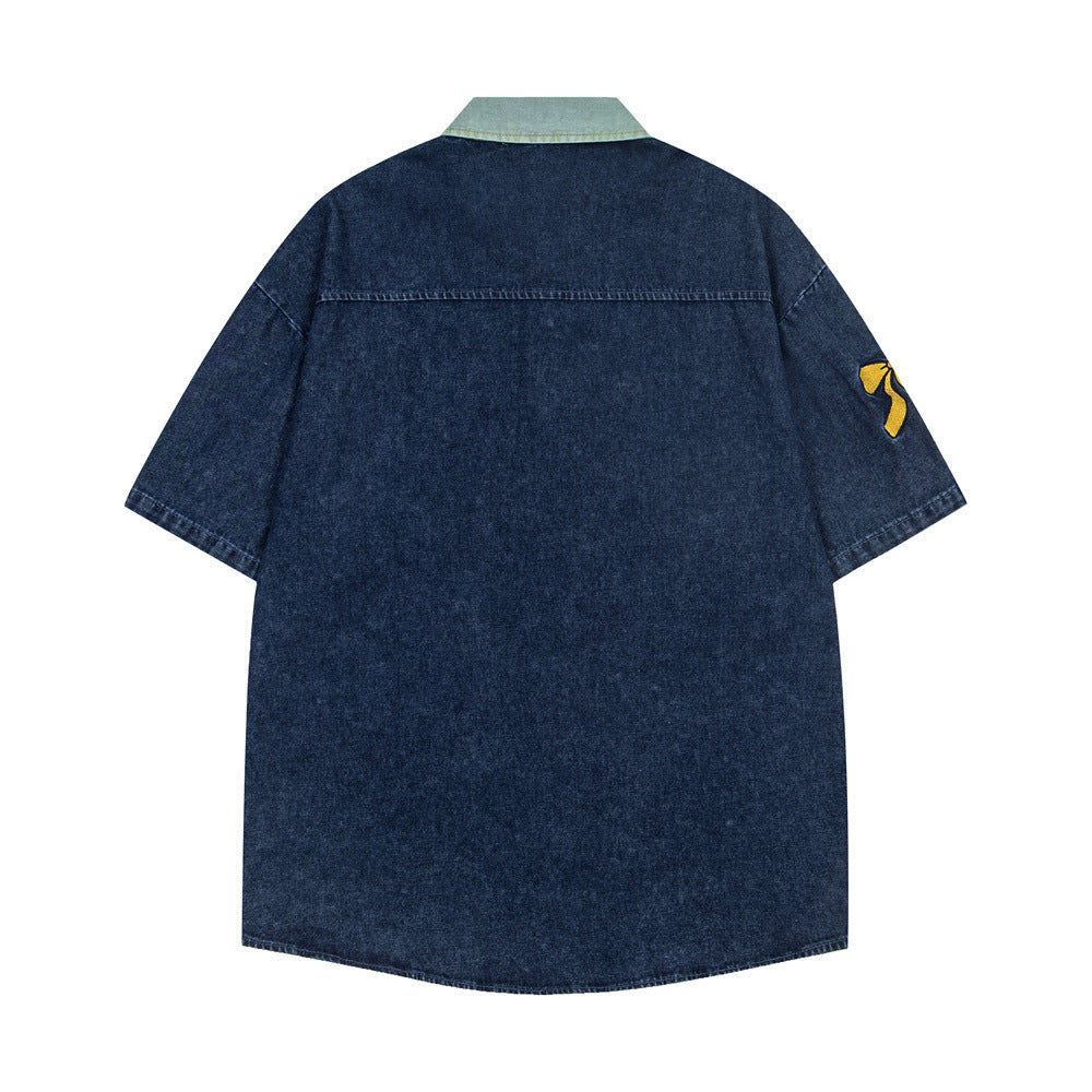 Fun cartoon embroidered denim short sleeved shirt