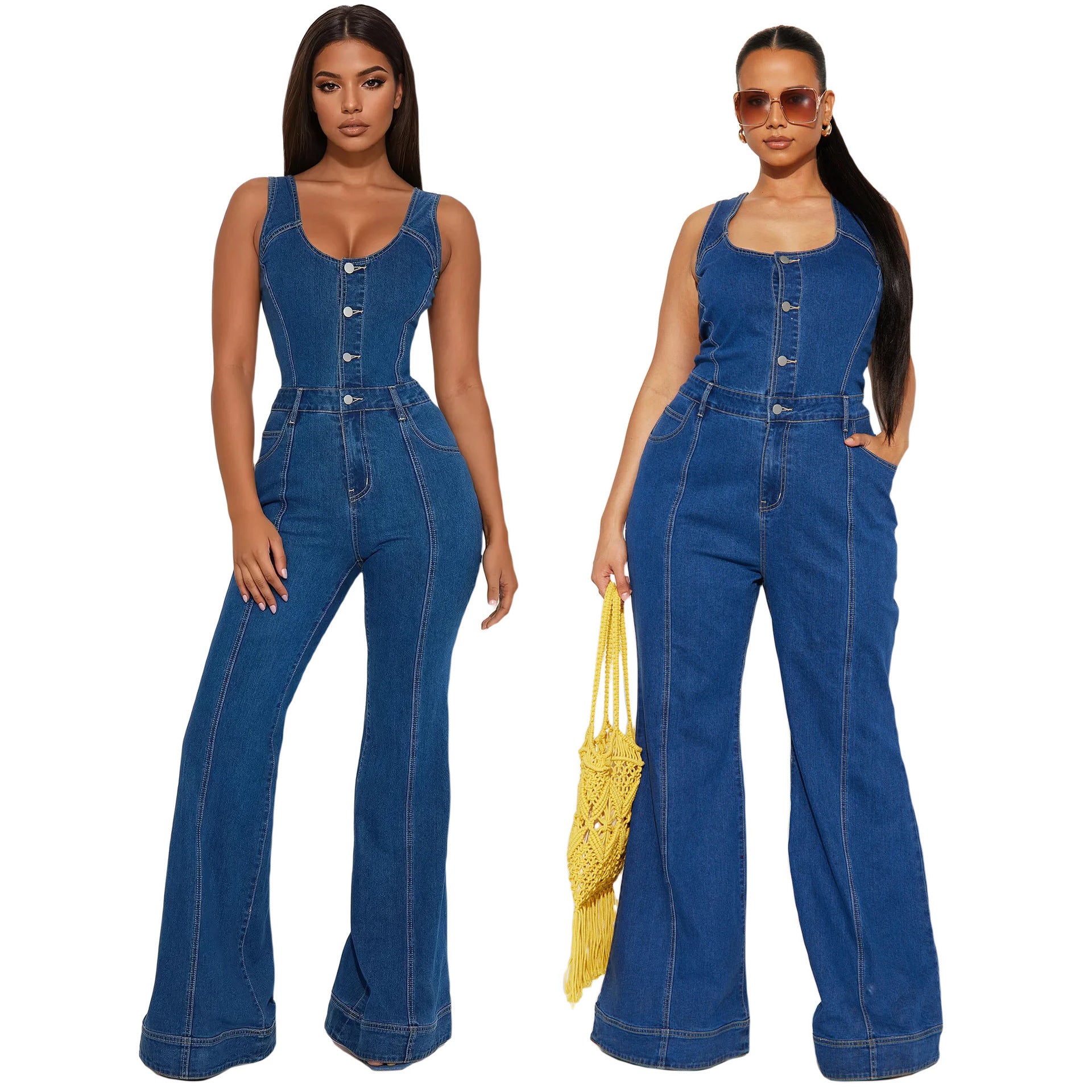 Strap denim jumpsuit flared pants