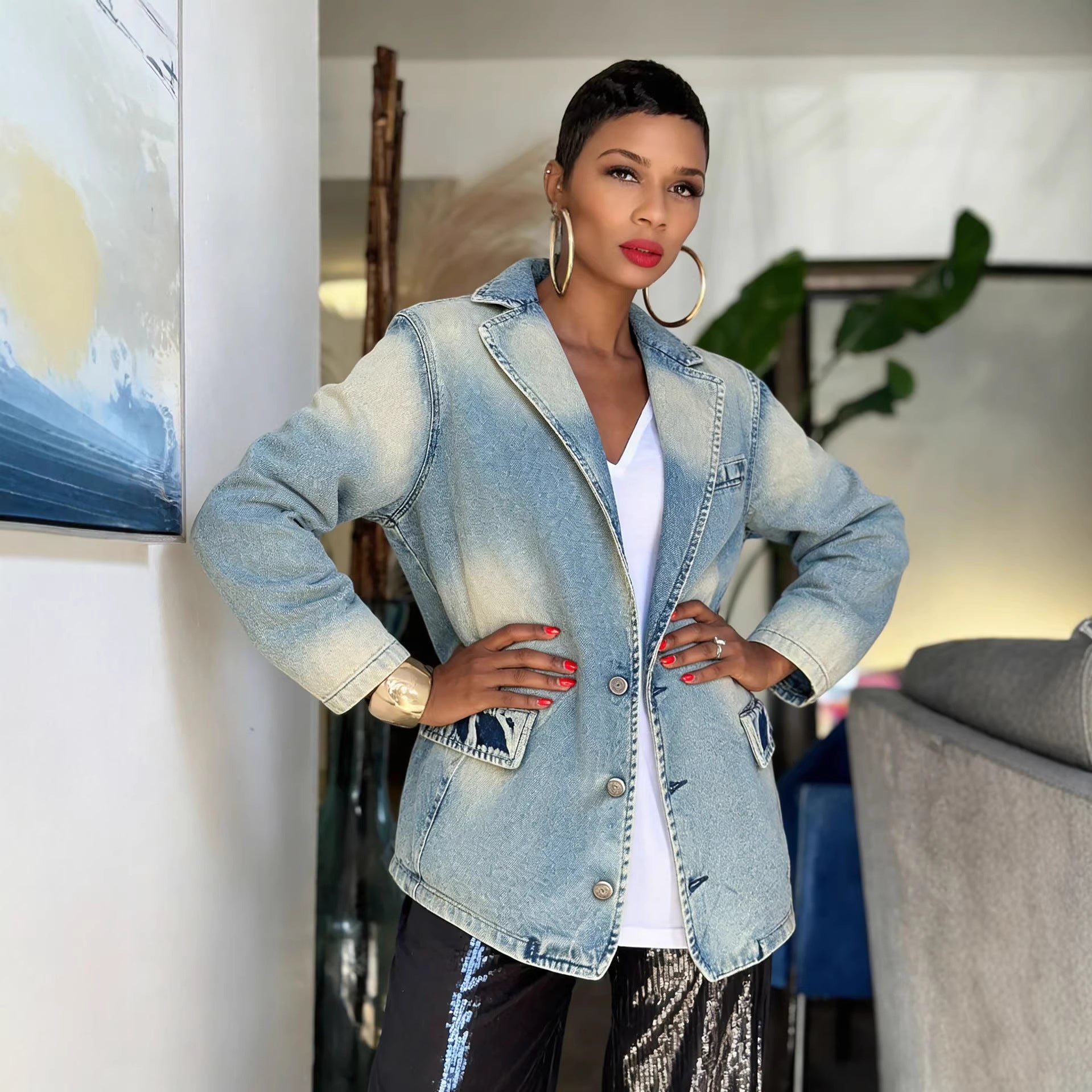 Vintage Distressed Washed Denim Blazer Jacket Coat