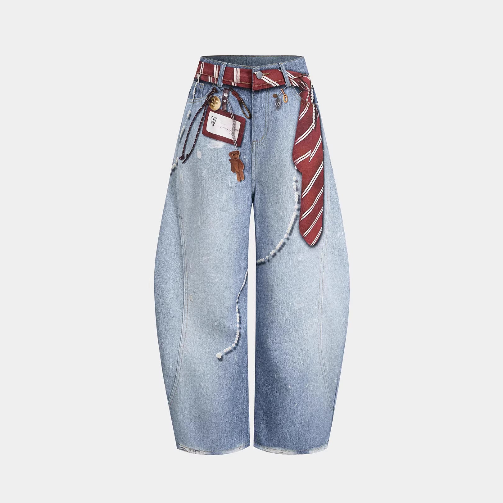 Street Style Tie Badge Print Dagger Jeans