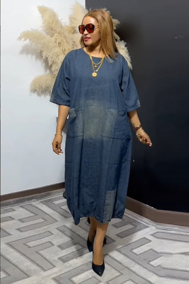 Vintage Patchwork Mid-length Denim Dress