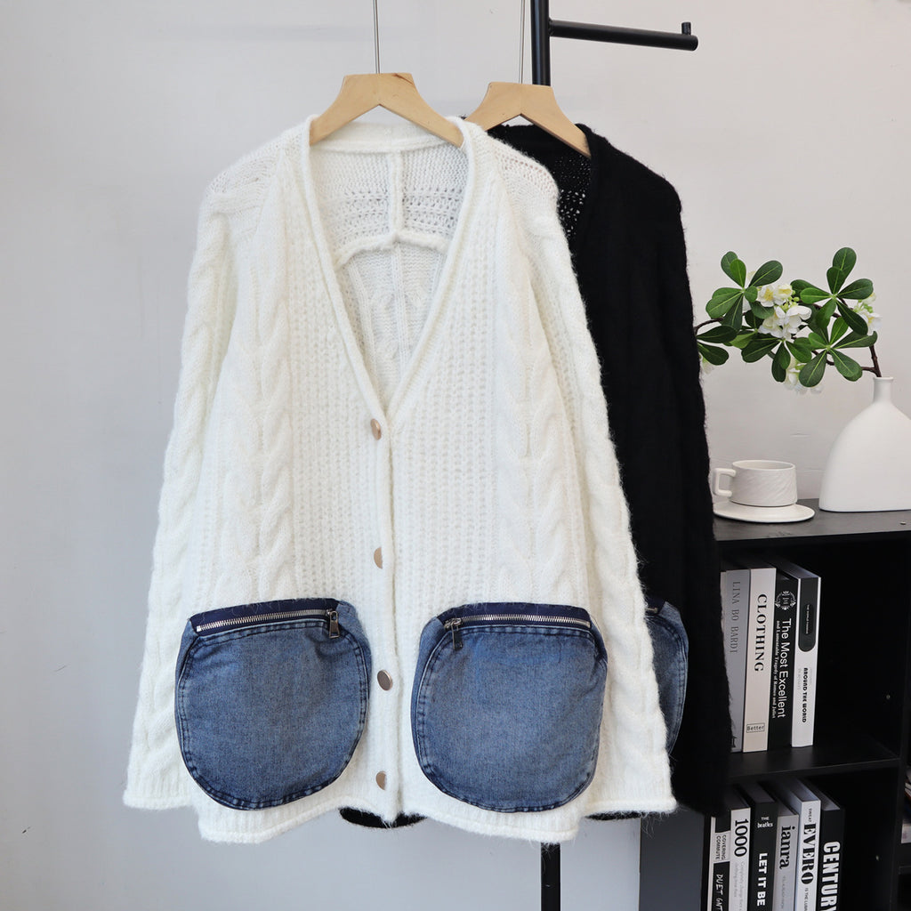 Splicing denim pocket sweater