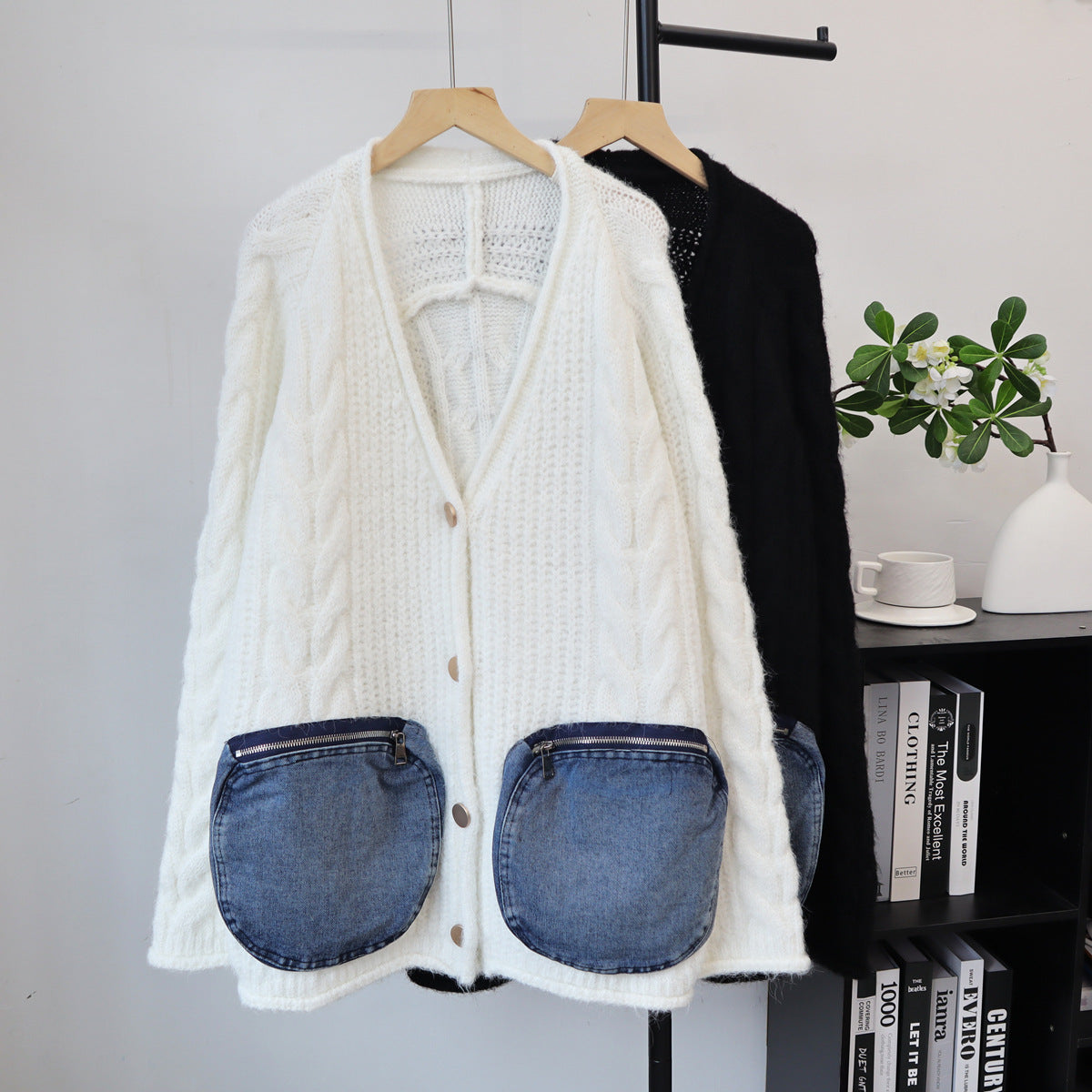 Splicing denim pocket sweater
