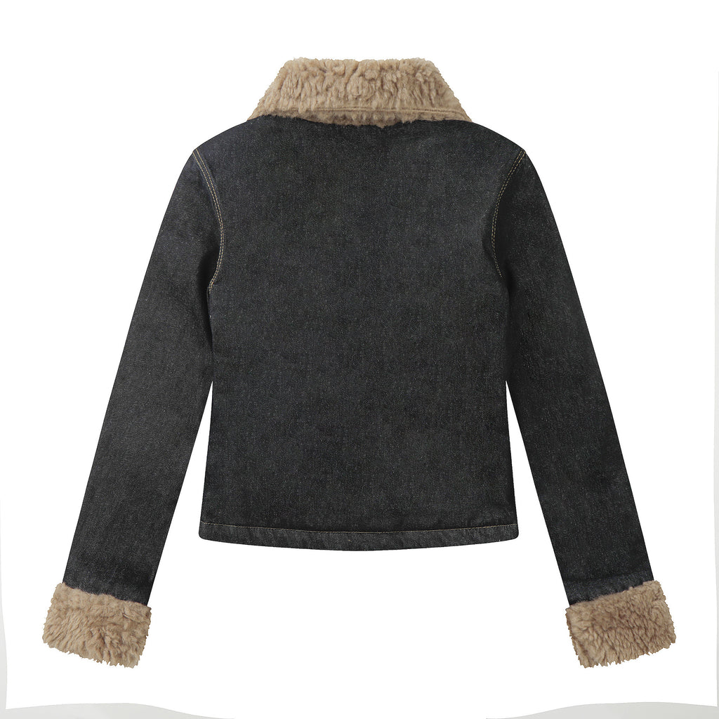 Retro lamb fleece patchwork denim jacket for women