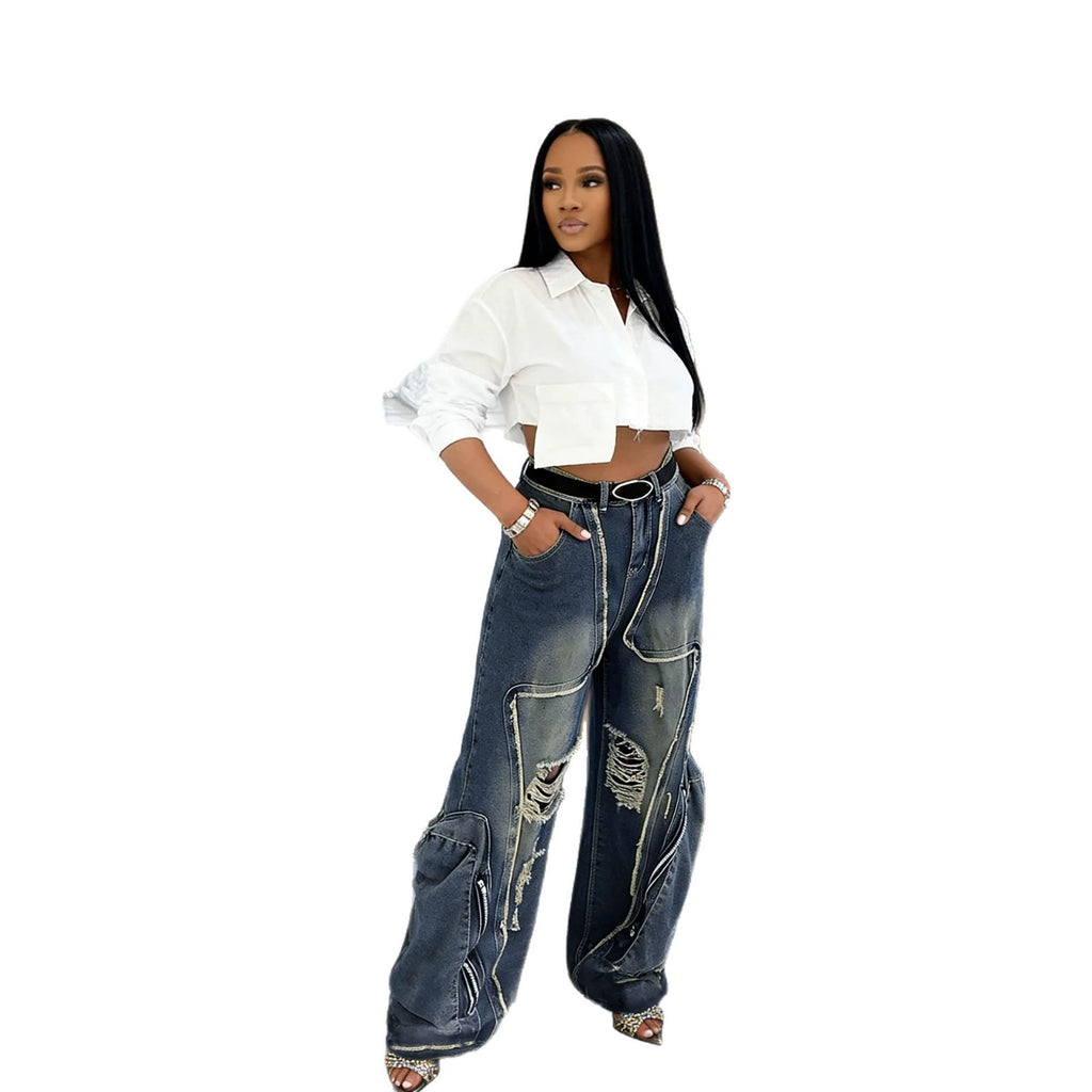 Streetwear Deconstructed Ripped Large Pocket Cargo Jeans