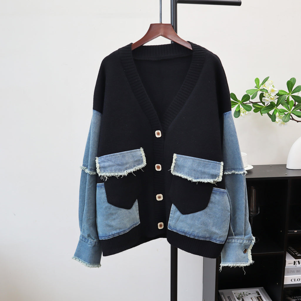 Splicing denim cardigan sweater