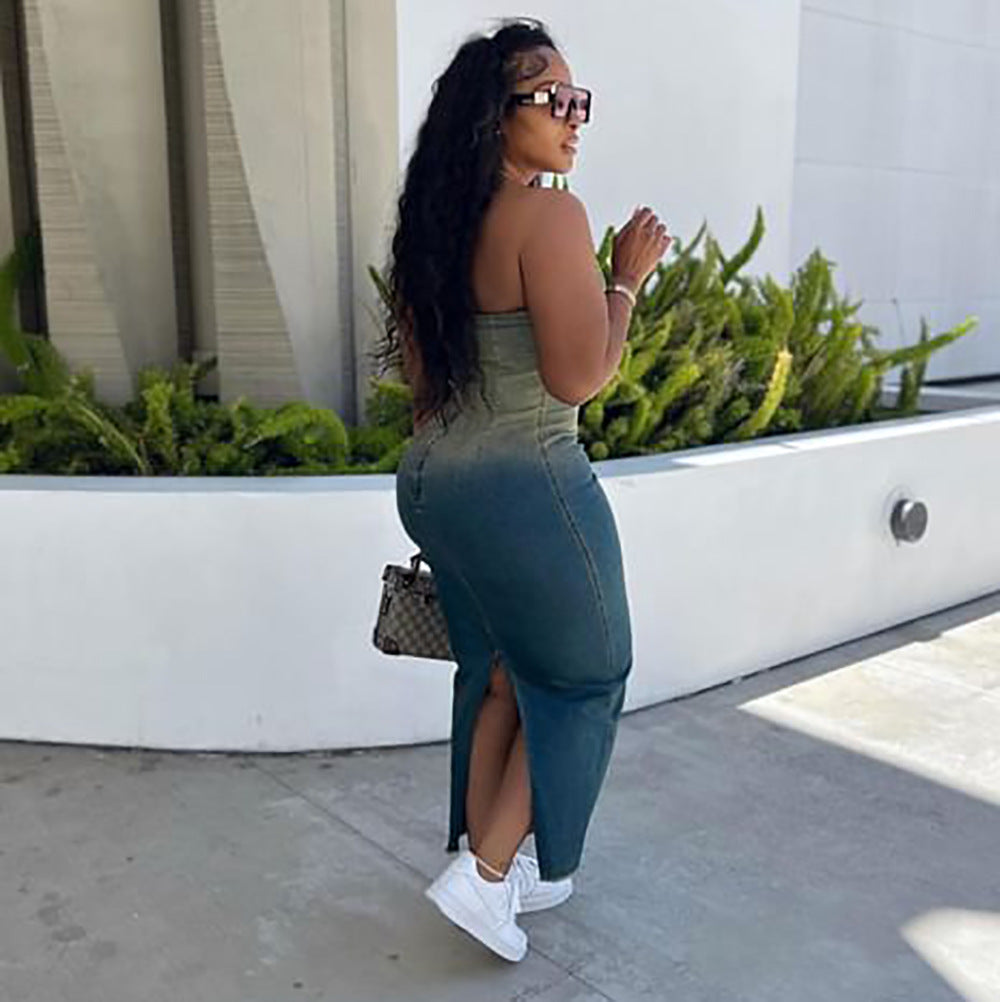 Gradient Strapless Cut-out Bodycon Denim Dress