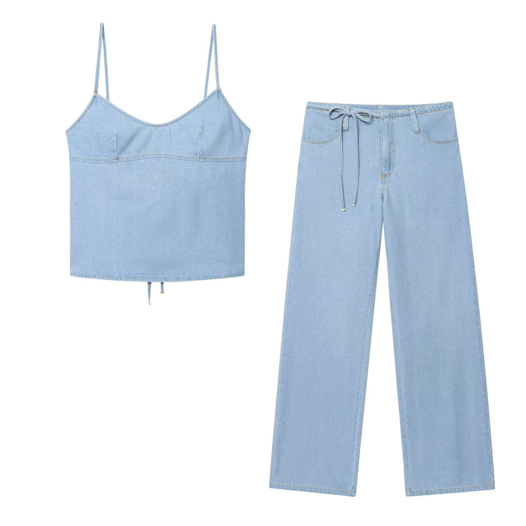 Denim camisole+bow tie denim suit for women