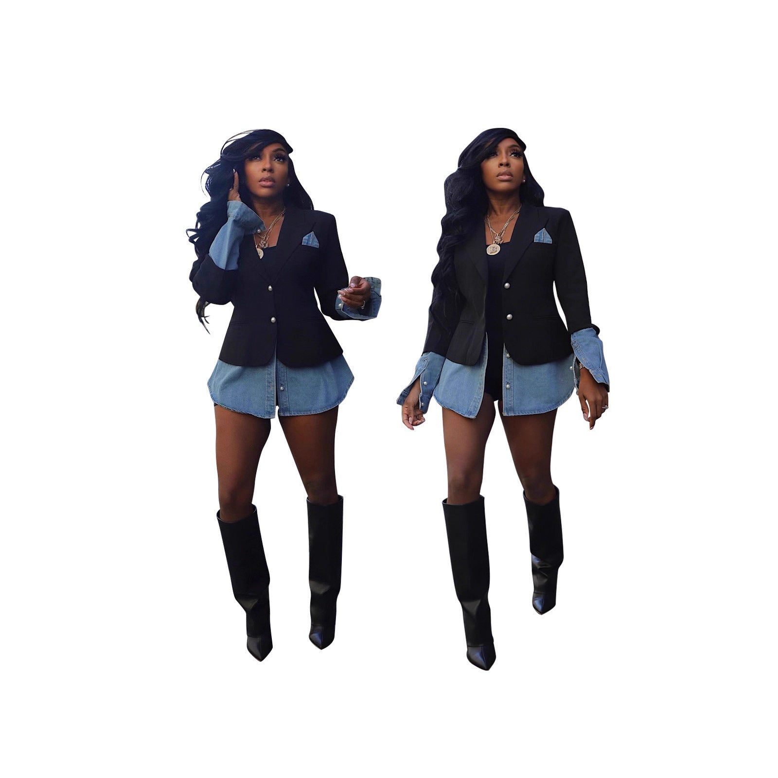 Fashion Casual Women's Patchwork Denim Blazer Coat