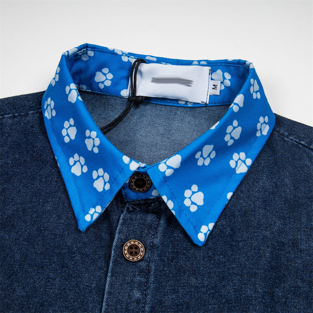 Embroidered denim short sleeved shirt with adhesive fabric