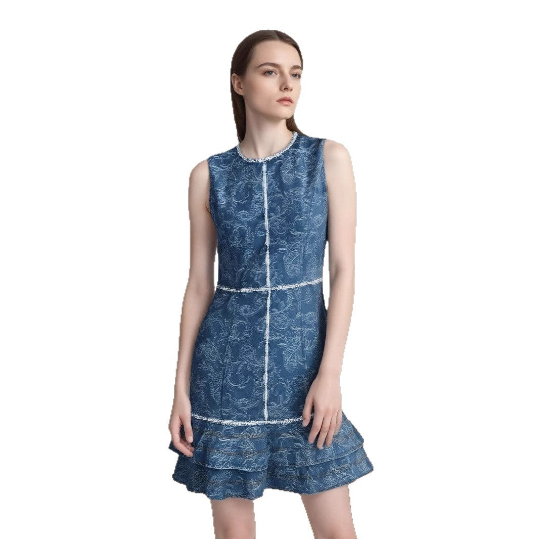 Sleeveless blue white printed denim blue dress