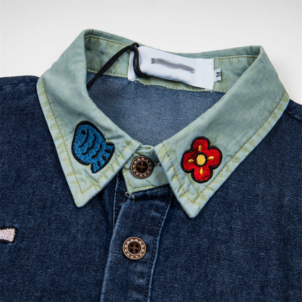 Fun cartoon embroidered denim short sleeved shirt