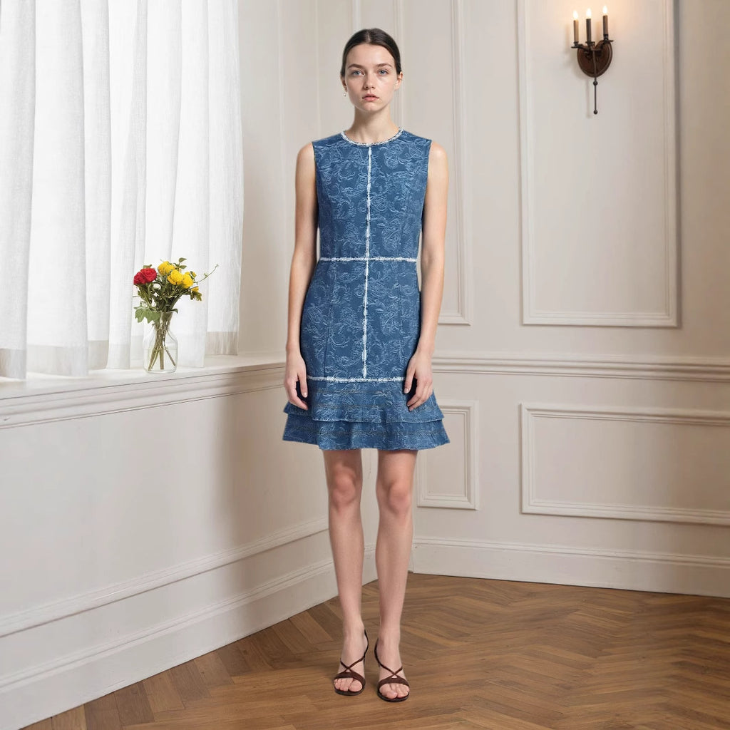 Sleeveless blue white printed denim blue dress