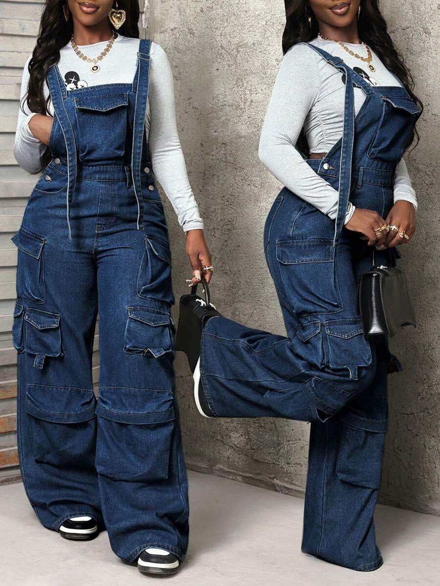 Wide leg denim loose overalls