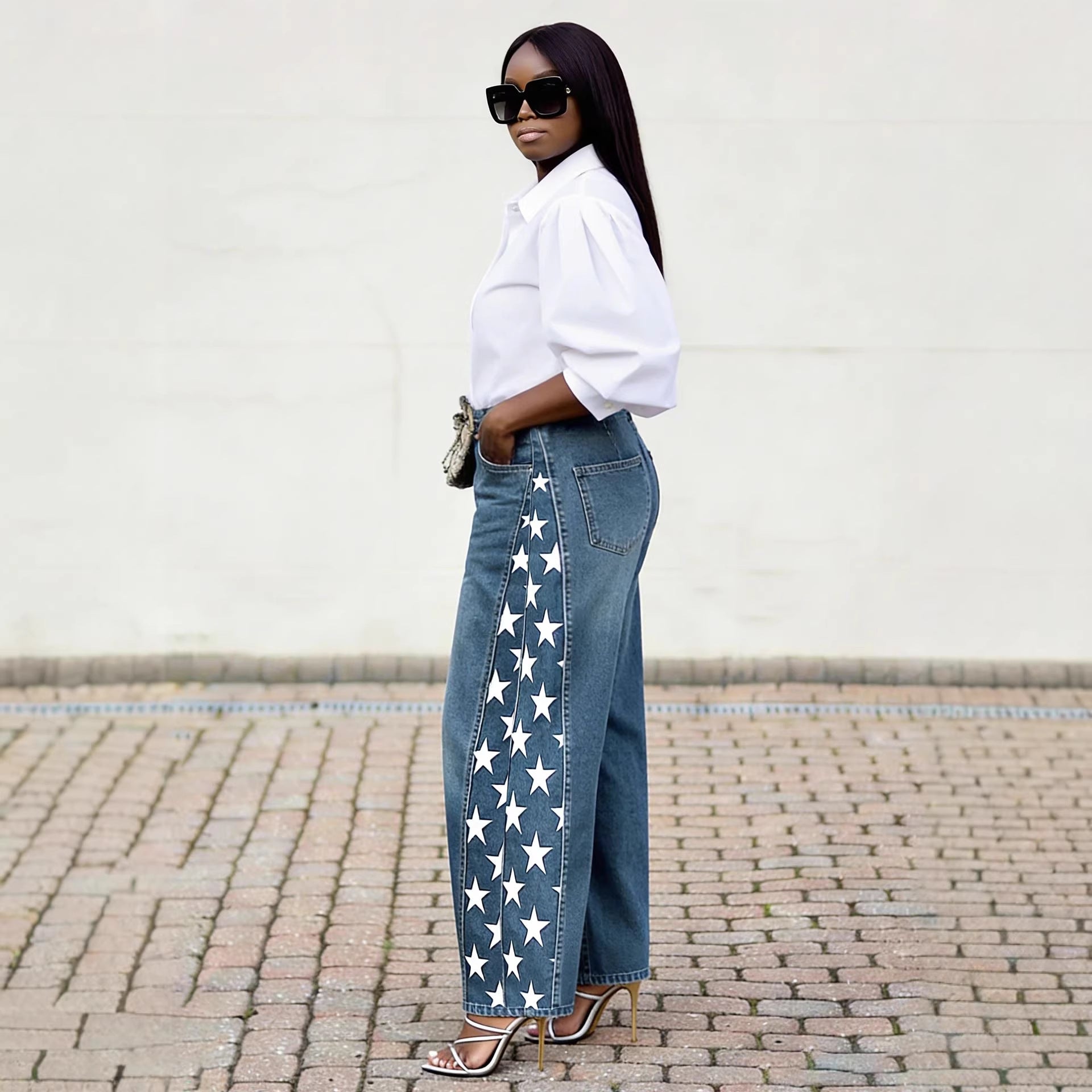 Street Style Side Split Star Print Jeans