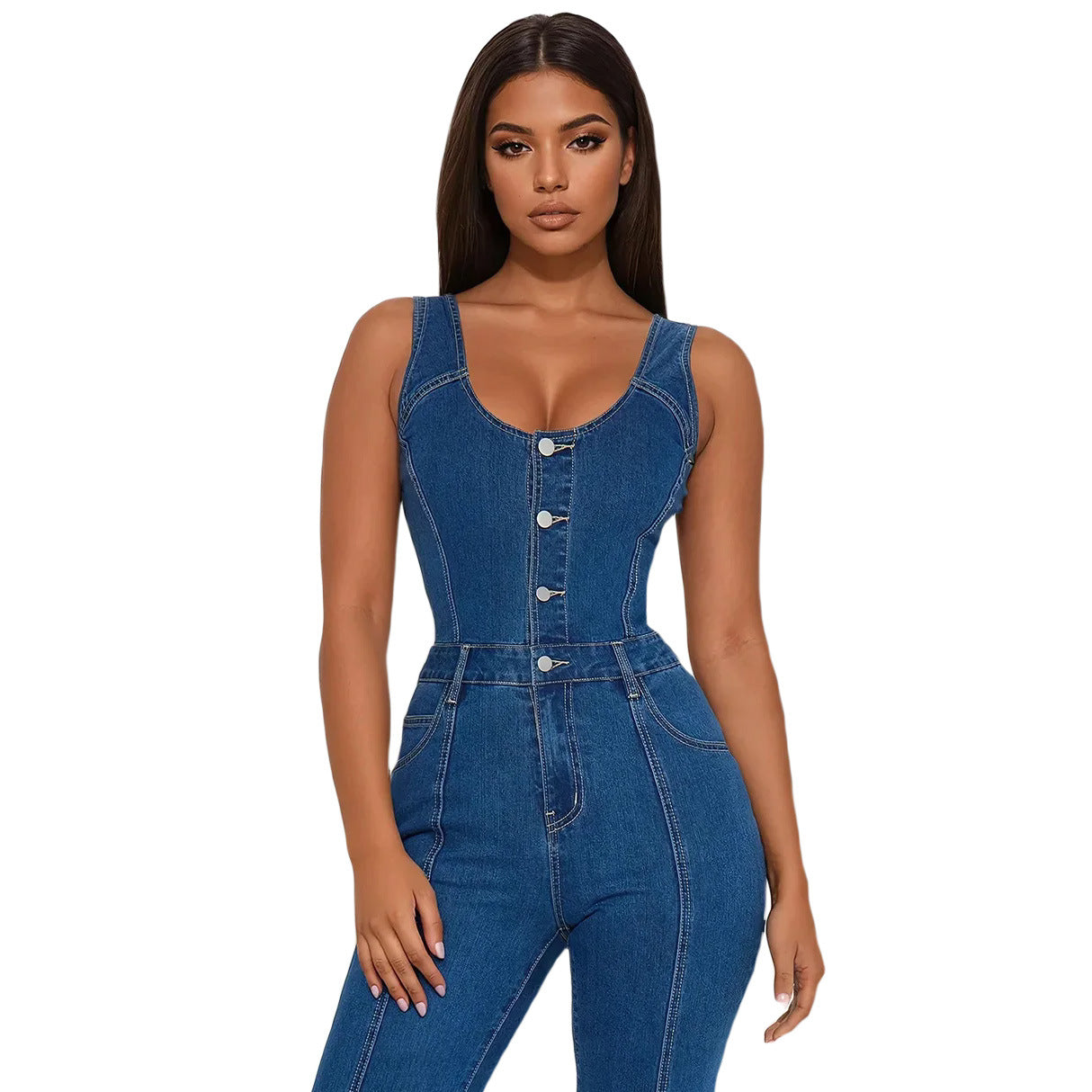 Strap denim jumpsuit flared pants