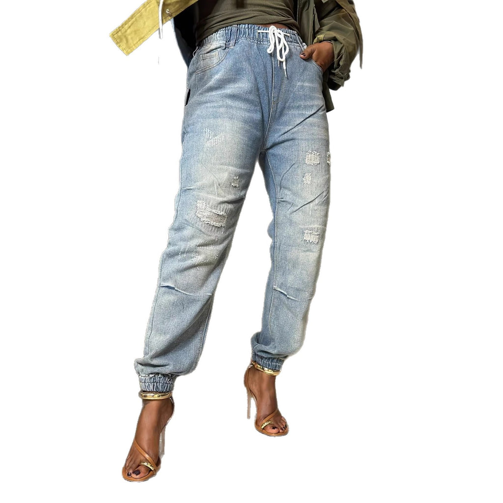 Casual Washed Patchwork Elastic Waist Drawstring Cuffed Jeans Pants