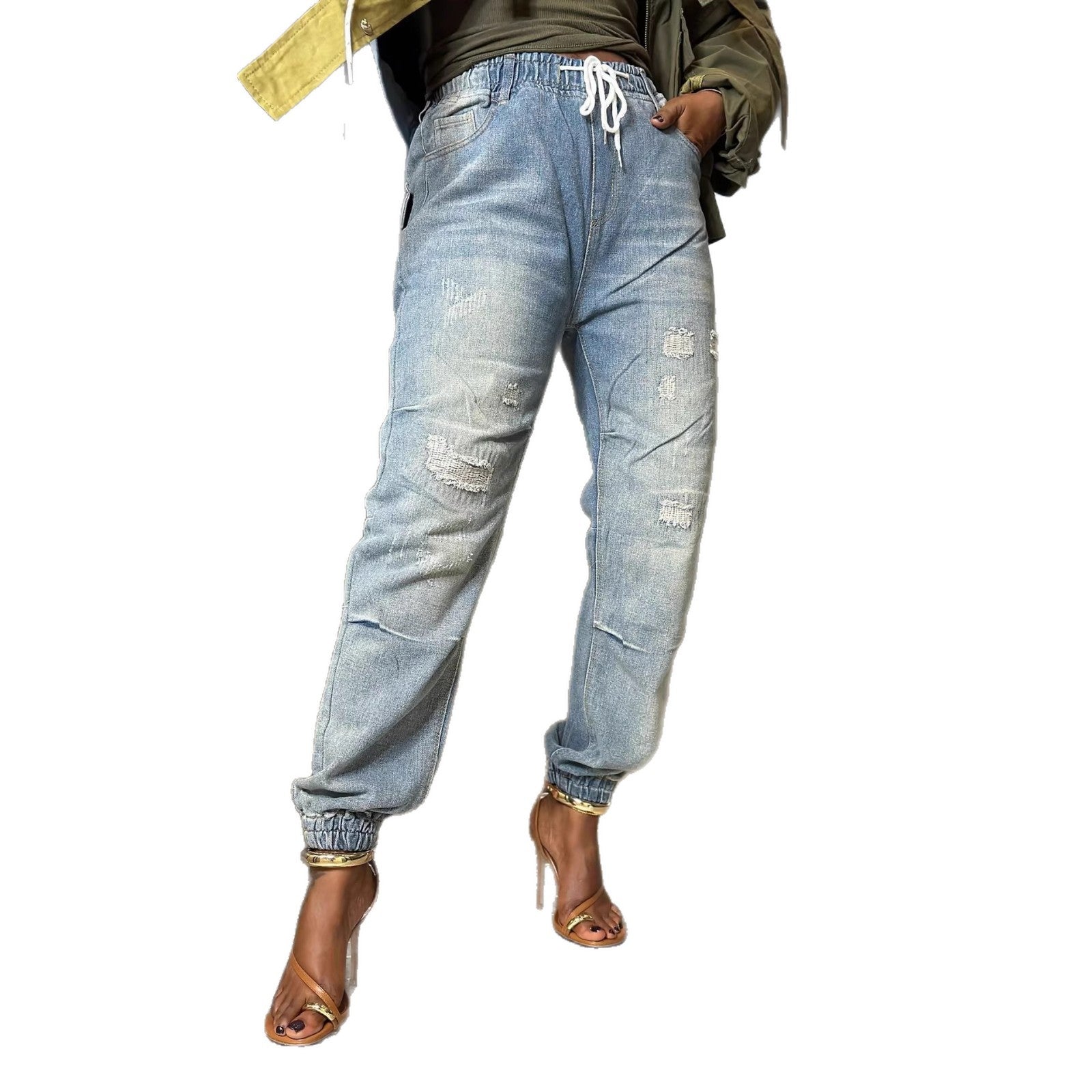 Casual Washed Patchwork Elastic Waist Drawstring Cuffed Jeans Pants