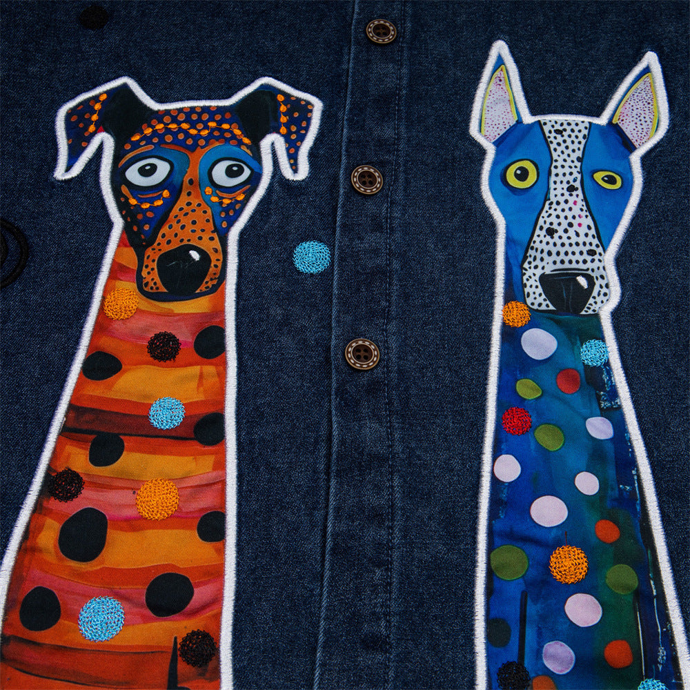 Embroidered denim short sleeved shirt with adhesive fabric