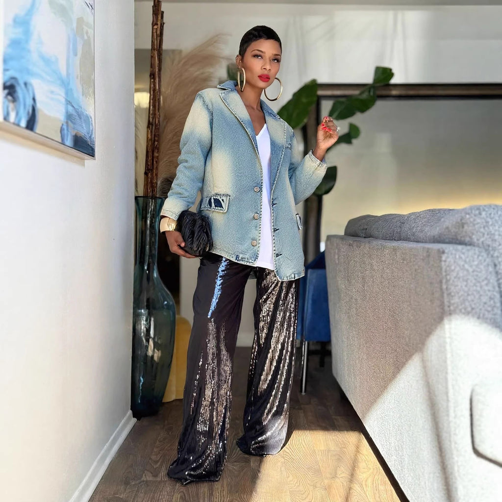 Vintage Distressed Washed Denim Blazer Jacket Coat